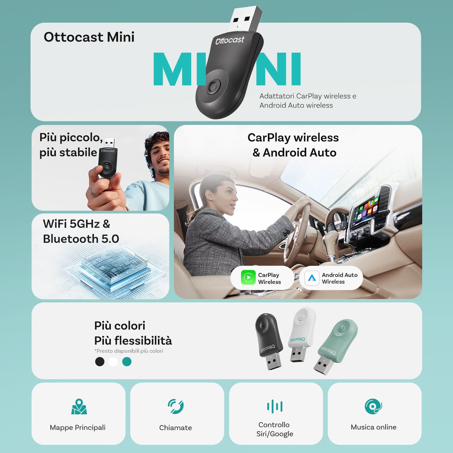 Ottocast Mini Wireless CarPlay/Android Auto Adattatore