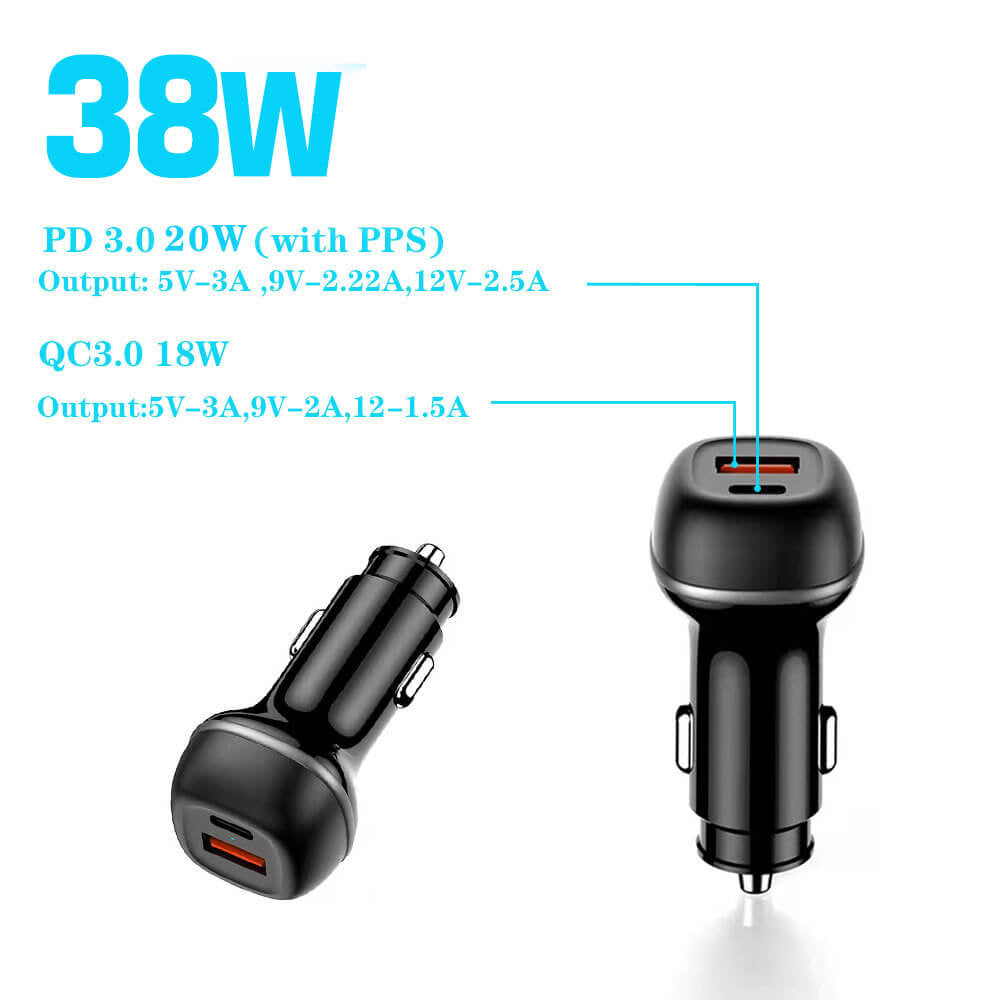 Fast car charger with dual USB-C and USB-A ports