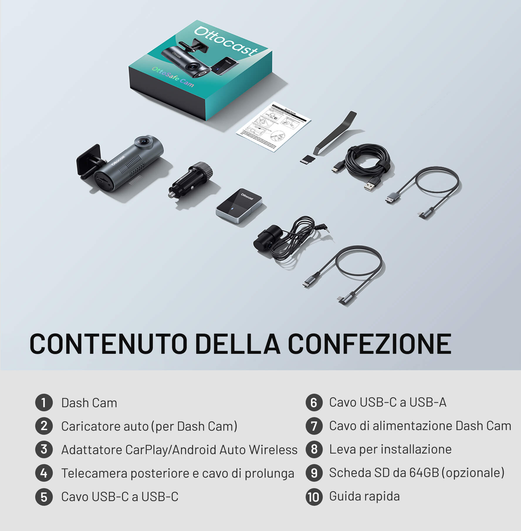 OttoSafe Cam 2 in 1: Dash Cam con CarPlay e Android Auto wireless