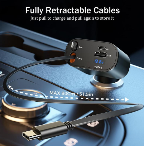 4-in-1 Retractable Car Charger with Cable