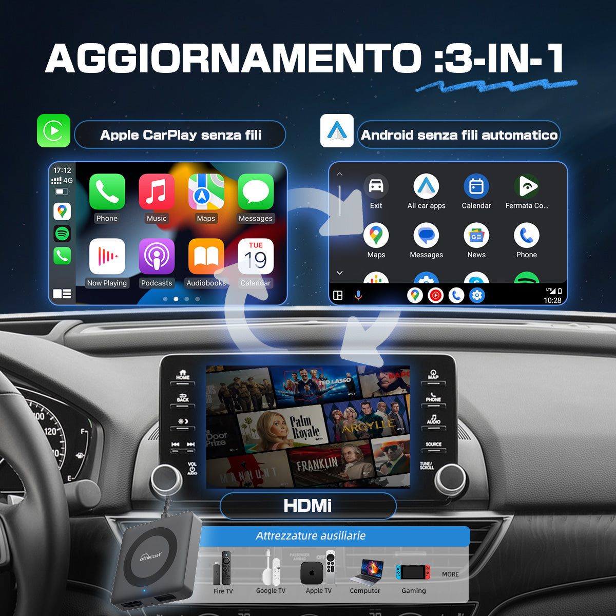 Ottocast® Car TV Mate Pro | Streaming HDMI + Fire TV Stick + Mirroring dello Schermo & Adattatore Wireless CarPlay Android Auto