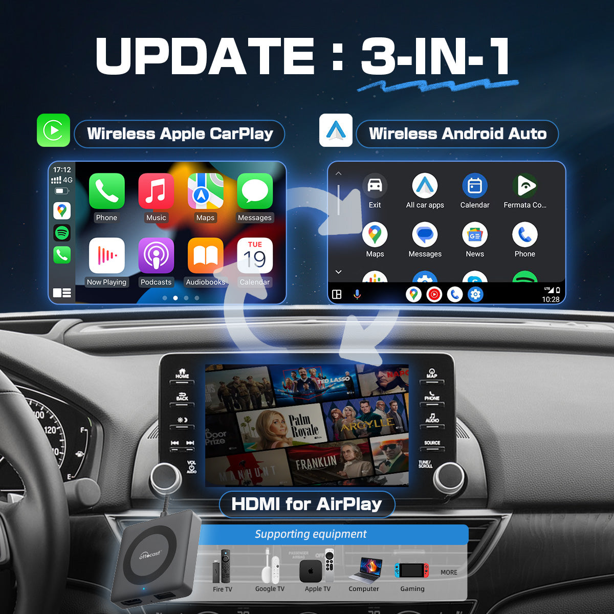 OTTOCAST®Car TV Mate Max IV Universale: CarPlay Wireless e Android Auto con contenuti multimediali HDMI