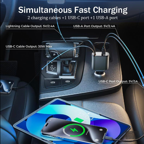 4-in-1 Retractable Car Charger with Cable