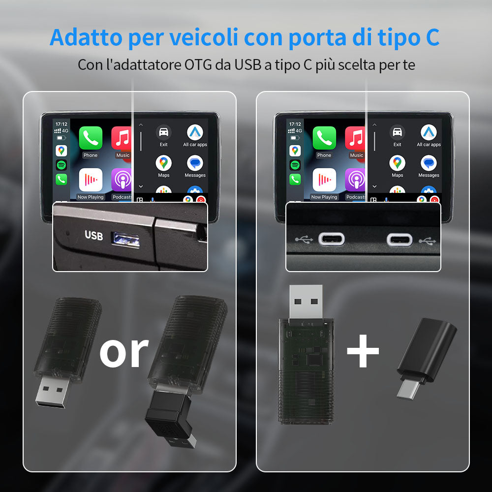 Ottocast®IT 2in1 Adattatore Wireless CarPlay E Android Auto