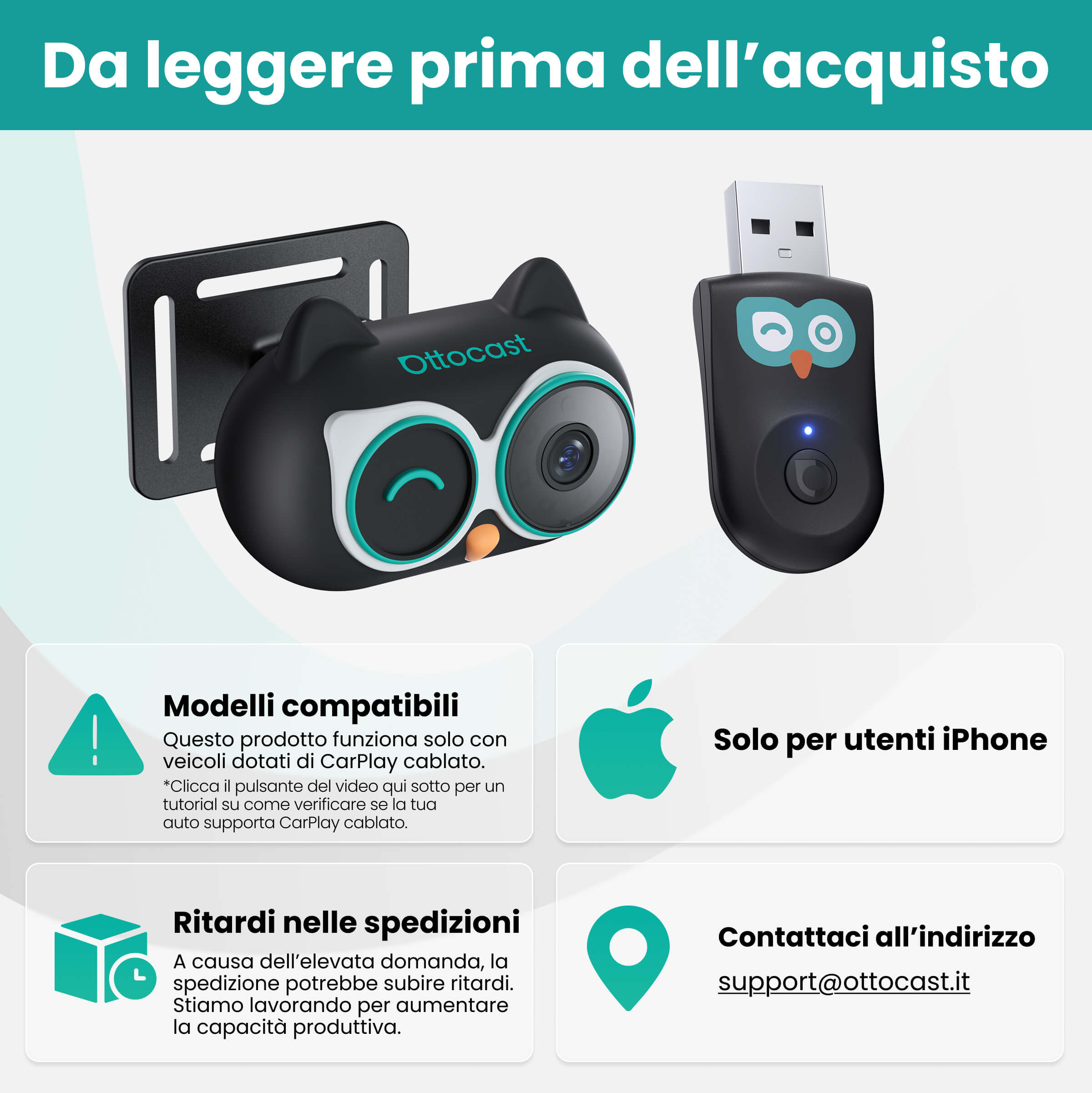 Ottocast® Cabin Care Adattatore CarPlay Wireless con Monitoraggio