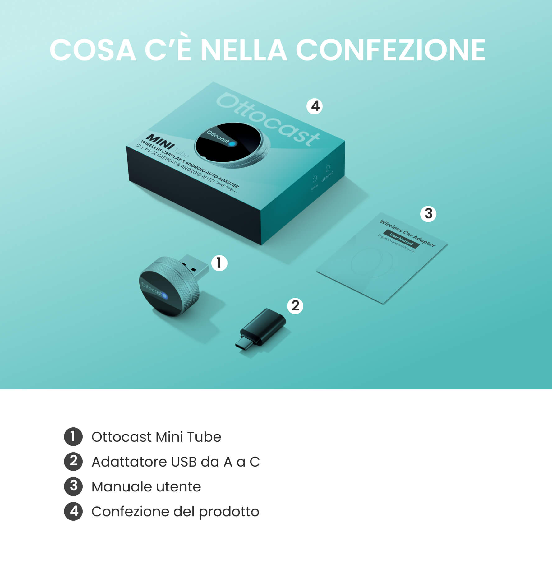 Ottocst® Mini Tube – Adattatore Wireless CarPlay e Android Auto