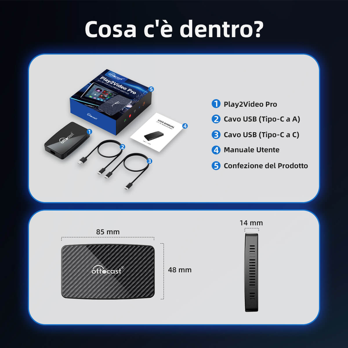 ottocast-play2video-pro-Adattatore-wireless-CarPlay-e-Android-Auto-Contenuto-della-confezione